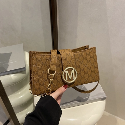 Women Underarm Shoulder Bag French Vintage PU Leather M Letter Monogram Print Gold Metal M Clasp Chain Strap Retro Handbag