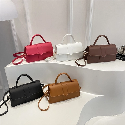 Minimalist PU Leather Small Square Handbag Elegant Solid Color Flap Crossbody Shoulder Bag With Detachable Strap