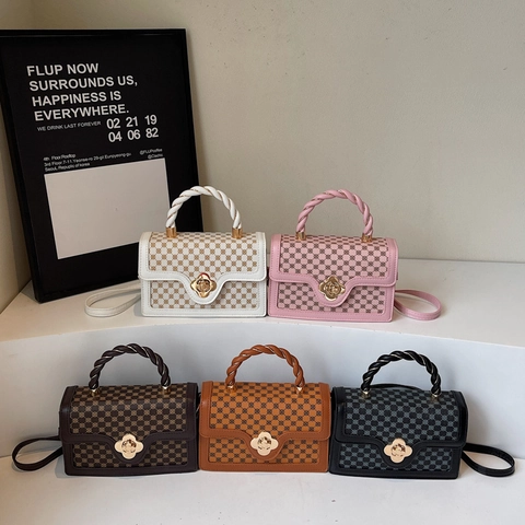 Retro Monogram Print Small Square Bag For Women PU Leather Floral Metal Lock Woven Handle Elegant Crossbody Handbag