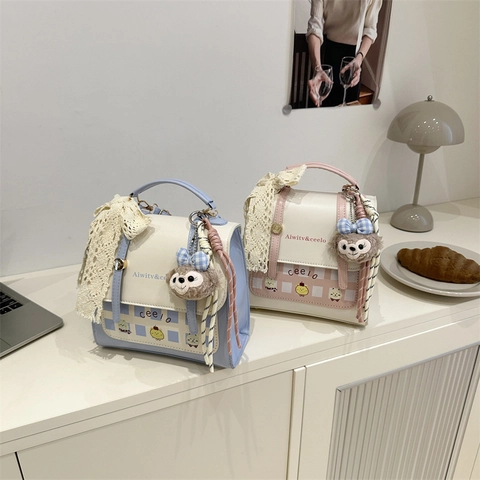 Mode Koreanisch Süß PU Leder Damen Mini Rucksack Nische Design Cartoon Druck Student Kleiner Tagesrucksack Mit Spitzenschleife