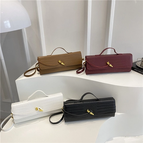 Damen Vintage Krokodil Prägung PU Leder Baguette Tasche Minimalistische Umhängetasche Mit Metallknoten Schnalle Mode Handtasche