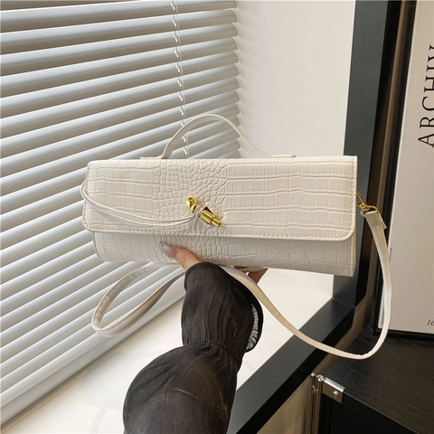 Krokodillenpatroon PU Leren Schoudertas Gouden Knoop Gesp Elegante Rechthoekige Baguette Handtas Crossbody Tas Voor Dames