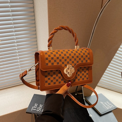 Retro Monogram Print Small Square Bag For Women PU Leather Floral Metal Lock Woven Handle Elegant Crossbody Handbag