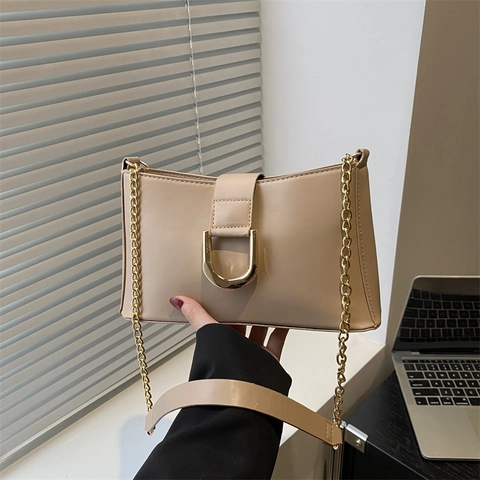 Elegant Women Underarm Bag PU Leather Solid Crossbody Baguette Purse Gold Metal Buckle Chain Strap Commuter Retro Style