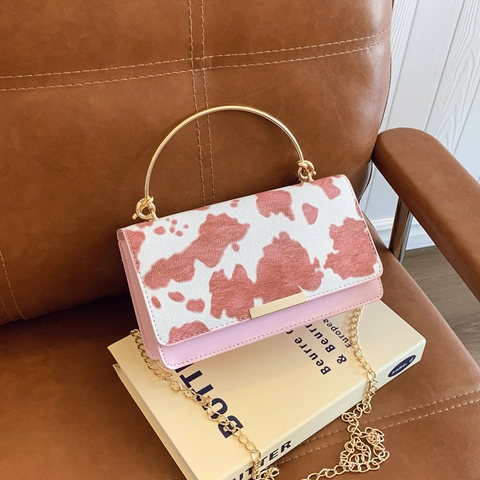 Women Fashion Cow Print PU Leather Small Square Bag With Gold Circular Handle Metal Chain Strap Crossbody Bag Daily Commute