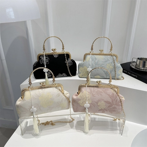 Sac De Soirée Jacquard Vintage Fleurs Fermoir Kiss Lock Sac À Main Poignée Métal Bandoulière Chaîne Gland Pour Femme