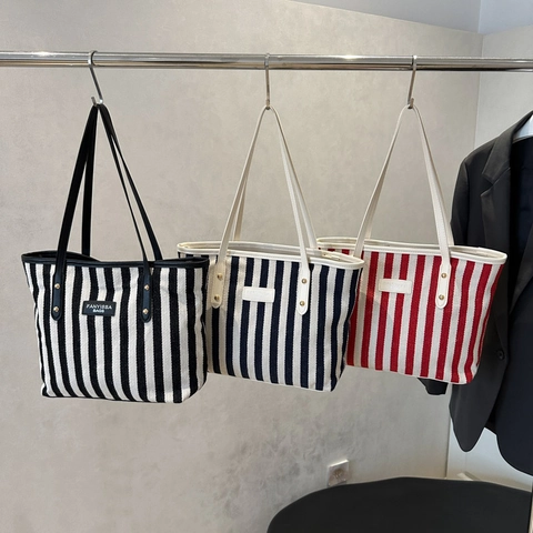 Borsa Tote In Tela A Righe Grande Capacità Vintage Minimalista Borsa A Spalla Casual Per Donne Quotidiana