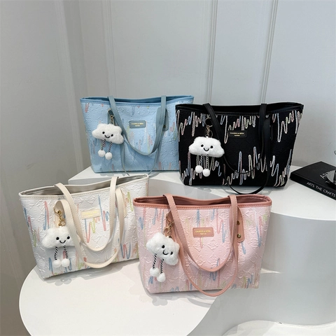 Dames Grote Capaciteit Tote Bag Geborduurde Golvende Strepen Contrast Kleur Casual Canvas Schoudertas Met Wolkenhanger