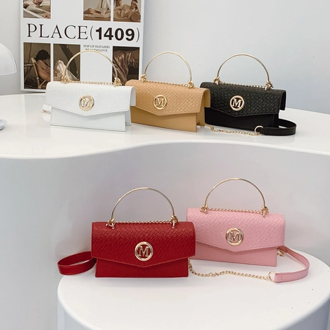 Women Fashion Small Square Shoulder Bag PU Leather Woven Pattern Gold Metal Handle Chain Crossbody Handbag Letter M