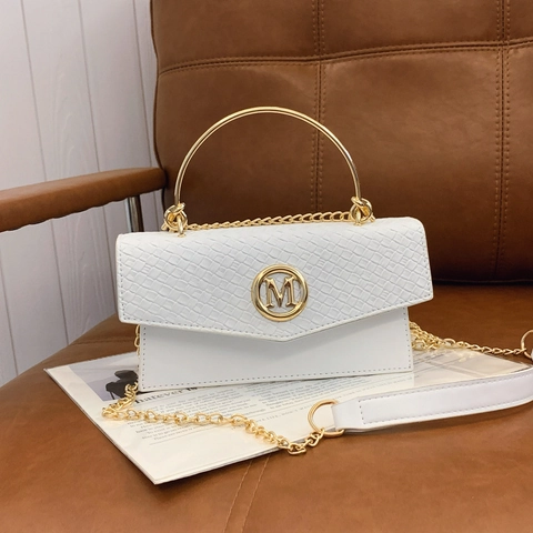Women Fashion Small Square Shoulder Bag PU Leather Woven Pattern Gold Metal Handle Chain Crossbody Handbag Letter M