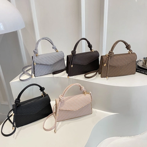 Women Shoulder Bag Synthetic Leather Small Square Crossbody Handbag Knotted Handle Magnetic Flap Vintage Elegant Style