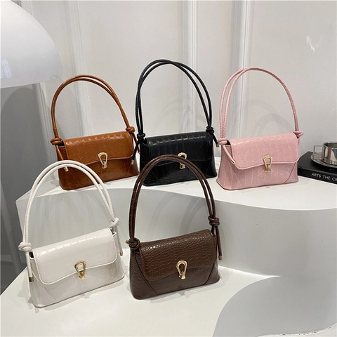 Sac Bandoulière Femme Motif Crocodile Polyuréthane Petit Carré Serrure Métallique Dorée Noeud Mode Sac à Main