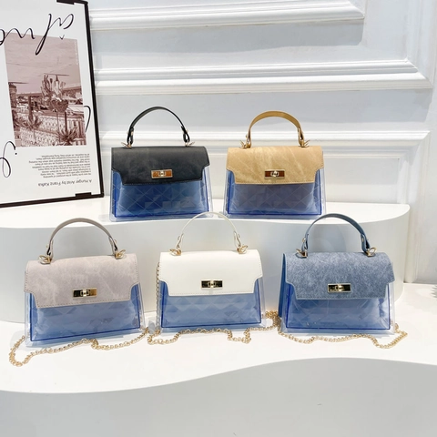 Women Transparent Quilted PVC Shoulder Bag PU Leather Trim Structured Handbag With Gold Chain Strap Vintage Crossbody