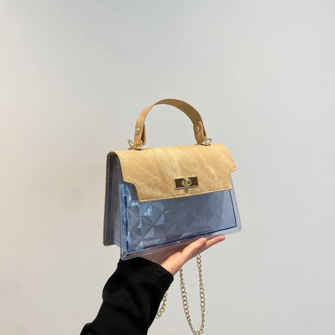 Women Transparent Quilted PVC Shoulder Bag PU Leather Trim Structured Handbag With Gold Chain Strap Vintage Crossbody