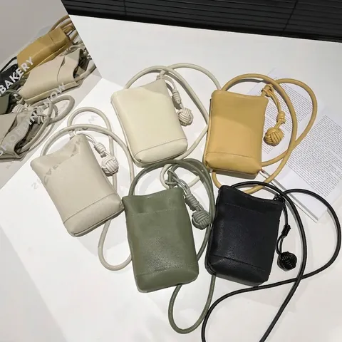 Pebbled PU Leather Mini Crossbody Phone Bag With Knot Strap Vertical Square Small Shoulder Handbag For Women