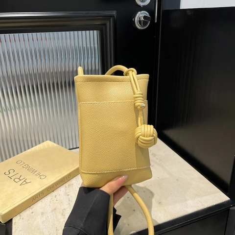 Pebbled PU Leather Mini Crossbody Phone Bag With Knot Strap Vertical Square Small Shoulder Handbag For Women