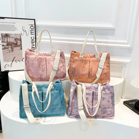 Bamboo Leaf Print Tote Bag Nylon Schoudertas Chinese Stijl Grote Capaciteit Dubbele Zakken Verstelbare Riem Casual