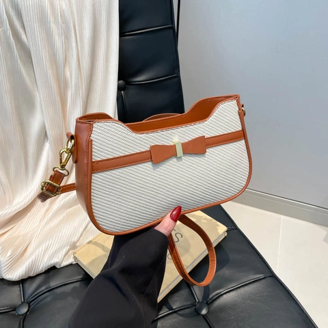 Woven PU Leather Crossbody Bag For Women With Bowknot Decor Fashion Minimalist Shoulder Handbag Chic Versatile Elegant