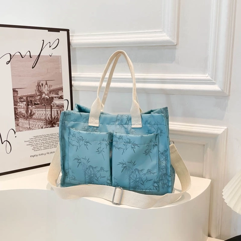 Bamboo Leaf Print Tote Bag Nylon Schoudertas Chinese Stijl Grote Capaciteit Dubbele Zakken Verstelbare Riem Casual