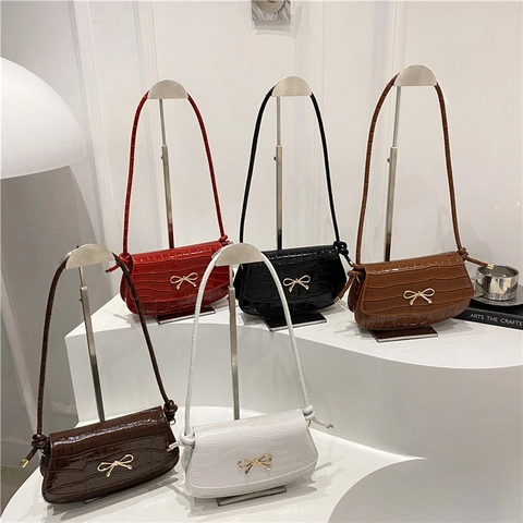 Dames Krokodillenpatroon Onderarmtas Gouden Strik PU Leer Kleine Vierkante Schoudertas Elegante Chique Handtas