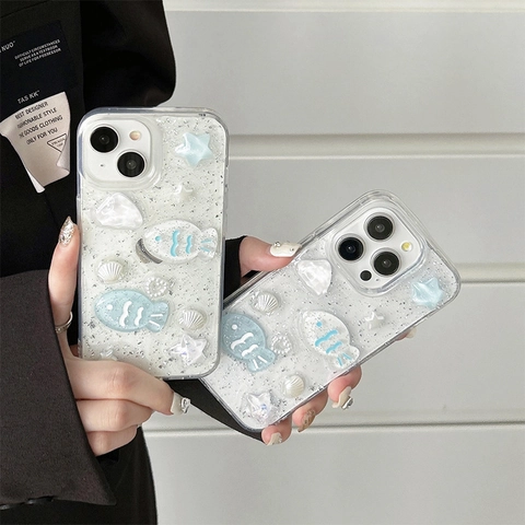 Funda Para Teléfono Transparente Papel De Plata Purpurina Océano Pez Concha Estrella Patrón Protección TPU Suave