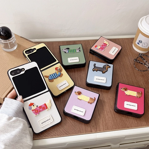 Flip Folding Phone Case Lychee Texture Leather Embroidery Cartoon Dog Patch Cute Protective Cover