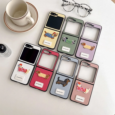 Flip Folding Phone Case Lychee Texture Leather Embroidery Cartoon Dog Patch Cute Protective Cover