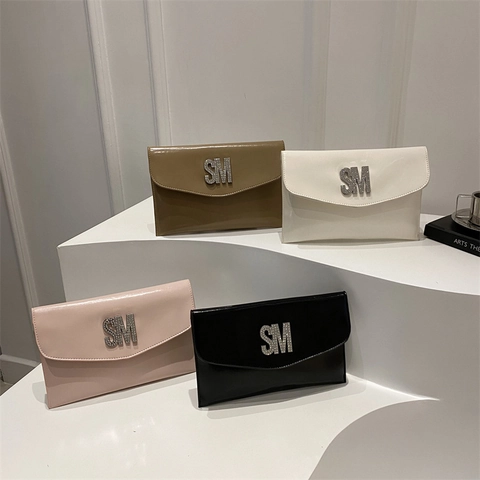 Bolso De Mano Sobre Para Mujer Cuero PU Brillante Estrás Logo Letra Delgado Negocios Fiesta Noche