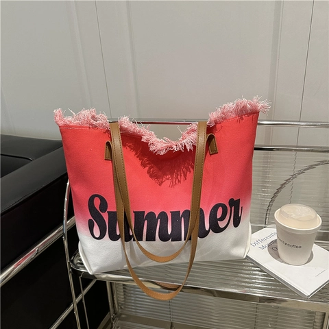 Borsa Tote in Tela Sfumata Estiva Grande Capacità Nappa Bordo Sfrangiato Borsa da Spiaggia a Spalla Con Manico in PU Per Donna