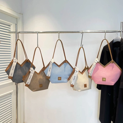 Bolso Tote de Lona Patchwork de Color de Contraste para Mujer Gran Capacidad Bolso de Hombro con Borde de PU y Cinta Decorativa
