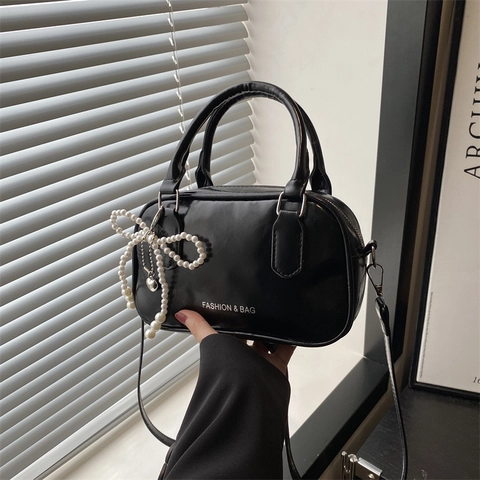 Women Bowling Bag Glossy PU Leather Shoulder Crossbody Handbag With Artificial Pearl Bow Charm Elegant Retro Style