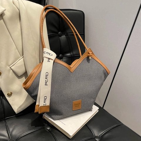 Borsa Tote Vintage Da Donna Grande Capacità Tela Finiture In Pelle PU Borsa A Spalla
