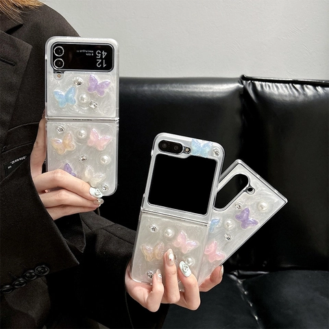 Butterfly Artificial Pearl Rhinestone Phone Case PC Shell 3D Resin Decor Folding Screen Cover Artificial Pearl Luster Elegant For Women