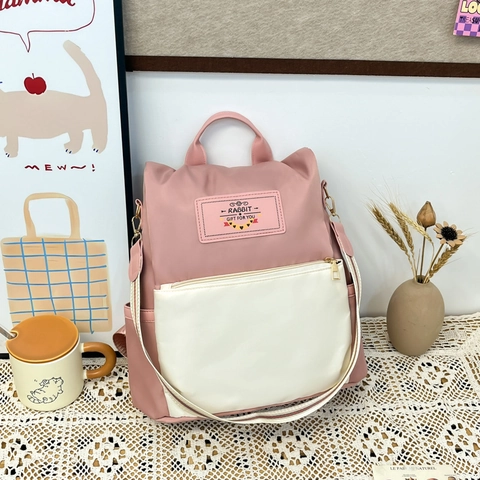 Sac à Dos Femme Tendance Blocs de Couleurs Grande Capacité Imperméable en Cuir PU Étudiant École Voyage Avec Gland Rabbit Label