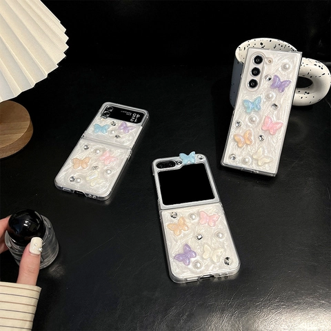 Butterfly Artificial Pearl Rhinestone Phone Case PC Shell 3D Resin Decor Folding Screen Cover Artificial Pearl Luster Elegant For Women