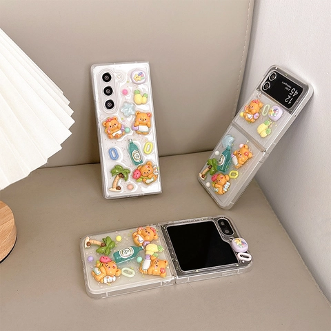 Cute 3D Cartoon Bear Transparent Phone Case For Samsung Galaxy Z Flip Fold TPU PC Summer DIY Resin Accessories