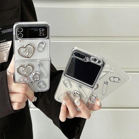 Y2K Industrial Style Phone Case For Samsung Galaxy Z Flip Fold PC Hard Shell Silver 3D Heart Angel Safety Pin Soda Tab