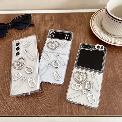 Y2K Industrial Style Phone Case For Samsung Galaxy Z Flip Fold PC Hard Shell Silver 3D Heart Angel Safety Pin Soda Tab