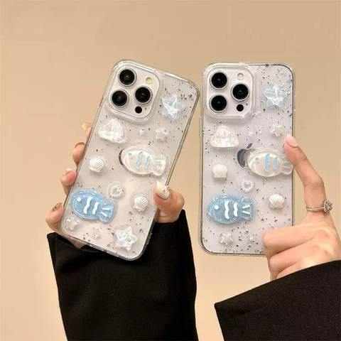 Funda Para Teléfono Transparente Papel De Plata Purpurina Océano Pez Concha Estrella Patrón Protección TPU Suave
