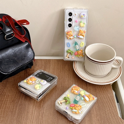 Cute 3D Cartoon Bear Transparent Phone Case For Samsung Galaxy Z Flip Fold TPU PC Summer DIY Resin Accessories