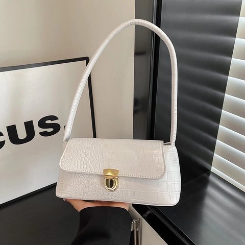 Borsa A Spalla Retro Francese Motivo Alligatore Pelle PU Borsa Sottobraccio Baguette Fibbia Metallo Dorato Moda Donna