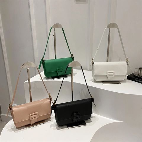 Women Trendy PU Leather Underarm Bag Minimalist Solid Flap Shoulder Bag Chic Crossbody Bag With Adjustable Single Strap Elegant French Baguette Purse