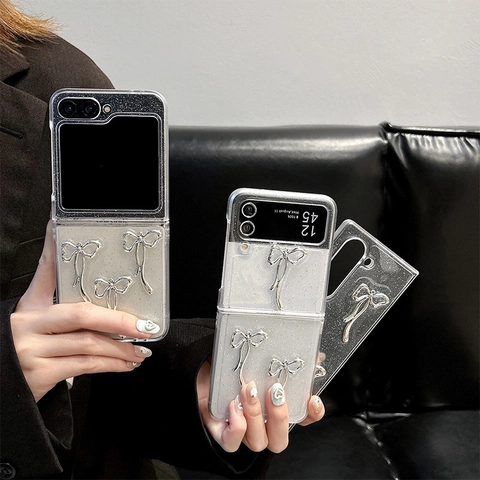 Transparent Glitter Phone Case With Metal Bow Decoration For Foldable Smartphones Sweet Luxury Style Hard Shell