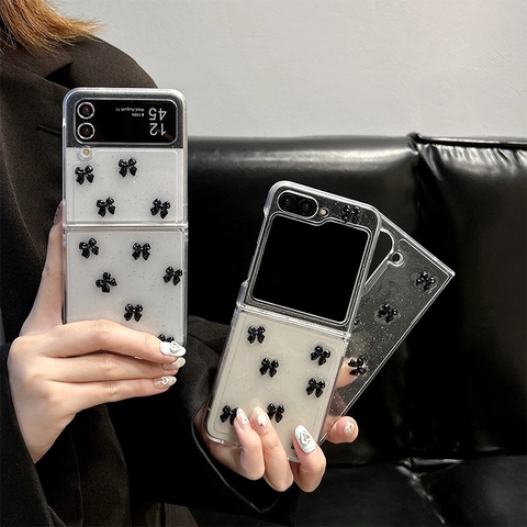 Samsung Galaxy Z Flip Fold Case 3D Black Bowknot Glitter Transparent PC Protective Cover Korean Fashion Shell