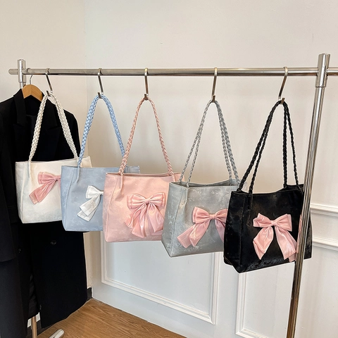 Women Large Capacity Tote Bag PU Leather Sweet Big Bow Shoulder Bag Braided Straps Commuter Trendy Handbag