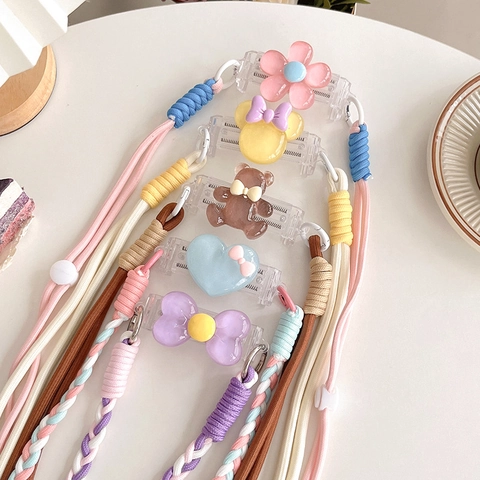 Cute Cartoon Bear Flower Heart Phone Back Clip Adjustable Crossbody Woven Rope Neck Lanyard Anti-fall Mobile Phone Strap For Women
