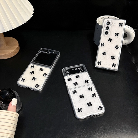 Samsung Galaxy Z Flip Fold Case 3D Black Bowknot Glitter Transparent PC Protective Cover Korean Fashion Shell