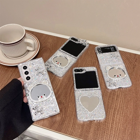 Foldable Phone Case With Heart Bear Mirror Rhinestone Glitter Sequins Matte Hard Shell Protective Cover Fashion Gift