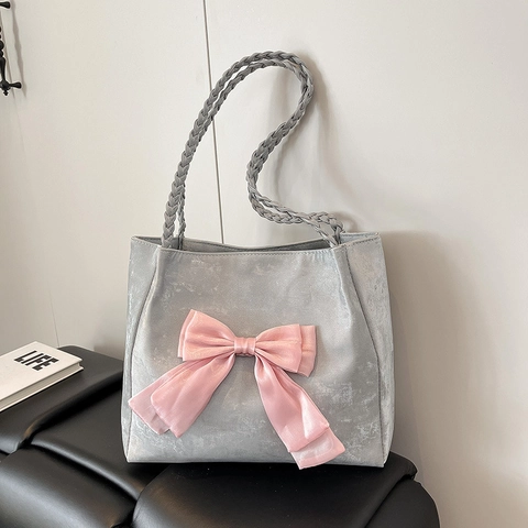 Women Large Capacity Tote Bag PU Leather Sweet Big Bow Shoulder Bag Braided Straps Commuter Trendy Handbag