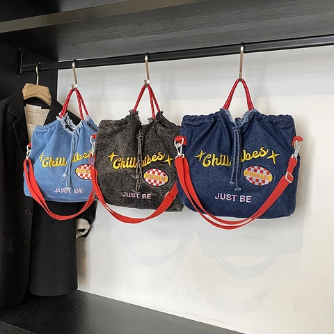 Damen Denim Schultertasche Große Kapazität Stickerei Eimer Tote Tasche Retro Streetwear Kordelzug